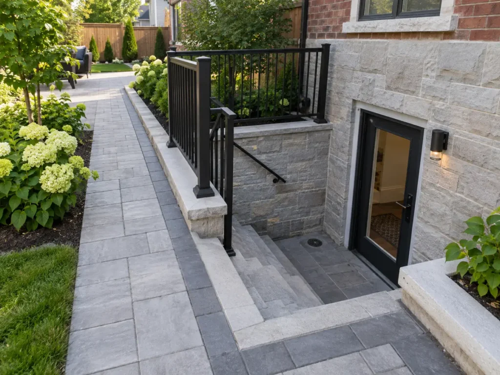 Construction or material detail for landscaping around basement entrances