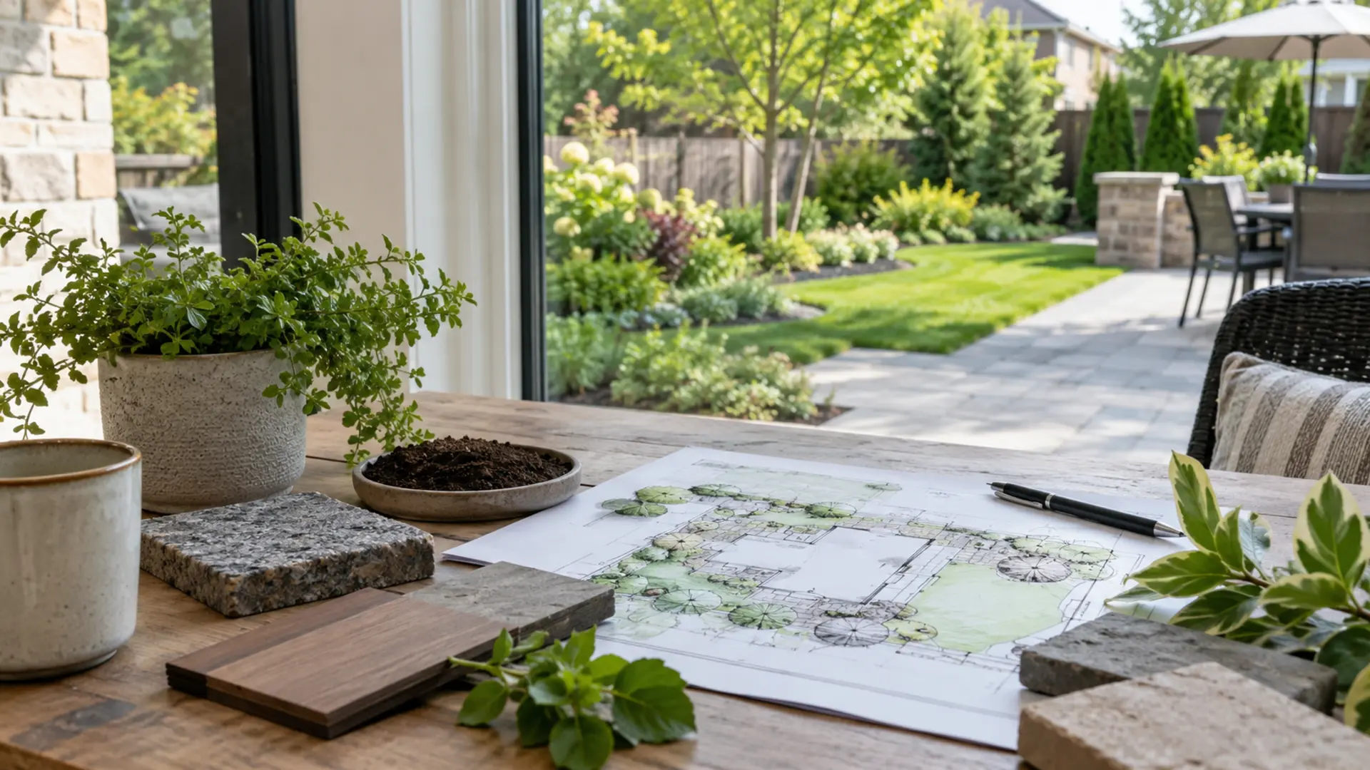 Landscape planning notes and material samples in a Mississauga property setting