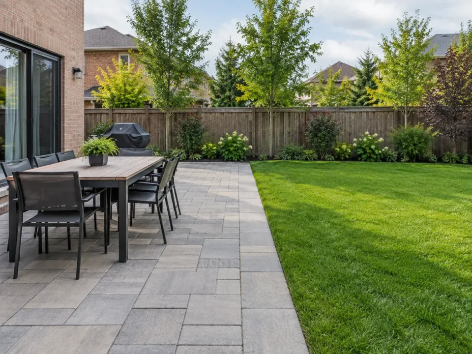 Interlock dining patio meeting a healthy lawn through a clean straight edge