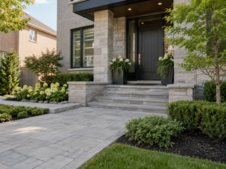Front entrance with broad walkway, stone steps and restrained planting