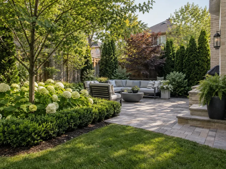Backyard seating screened by layered evergreen and deciduous planting