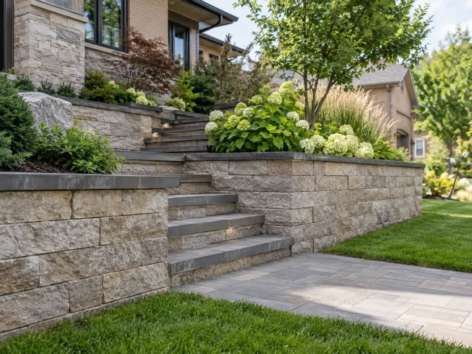 Retaining wall with integrated steps and planted upper slope