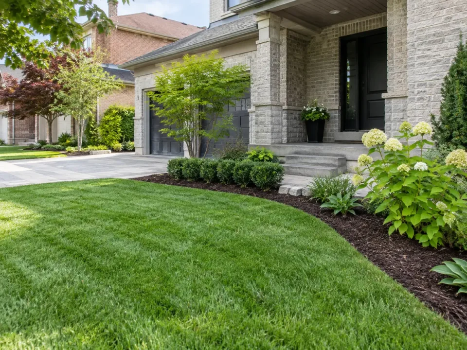 Established new lawn bordered by mulch and young shrubs
