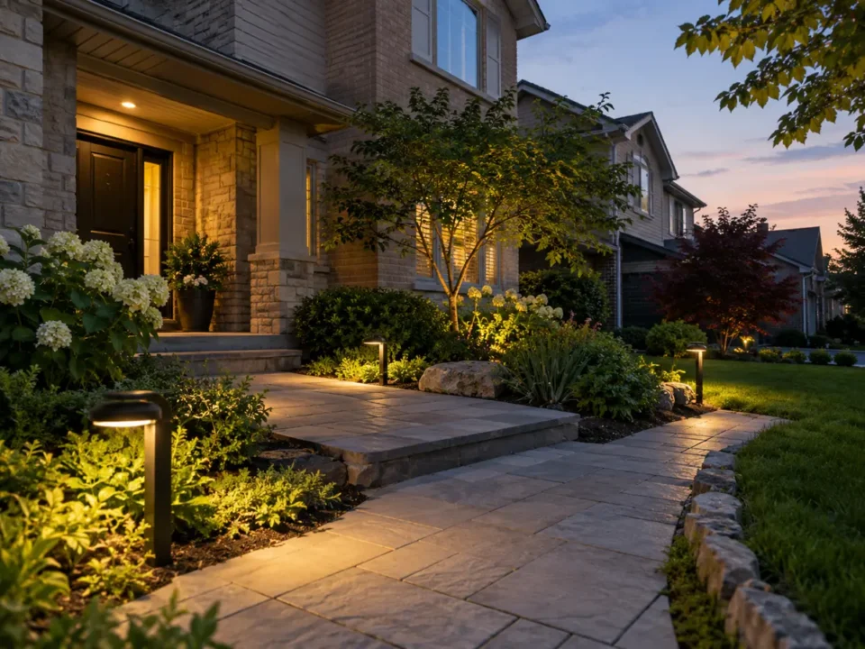 Residential walkway with low shielded landscape lighting at dusk