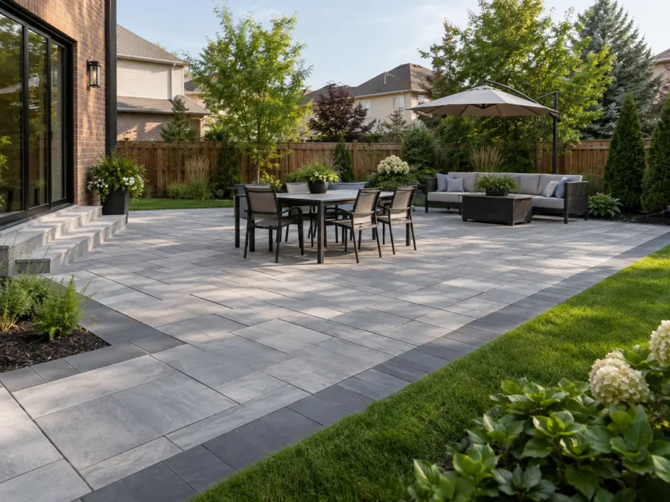 Large-format paver patio bordered by low planting and lawn