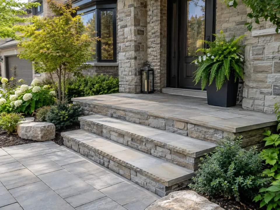 Front steps with natural stone risers and a generous landing