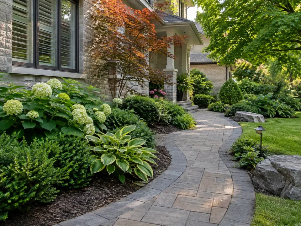 Curved garden walkway through shrubs and perennial planting