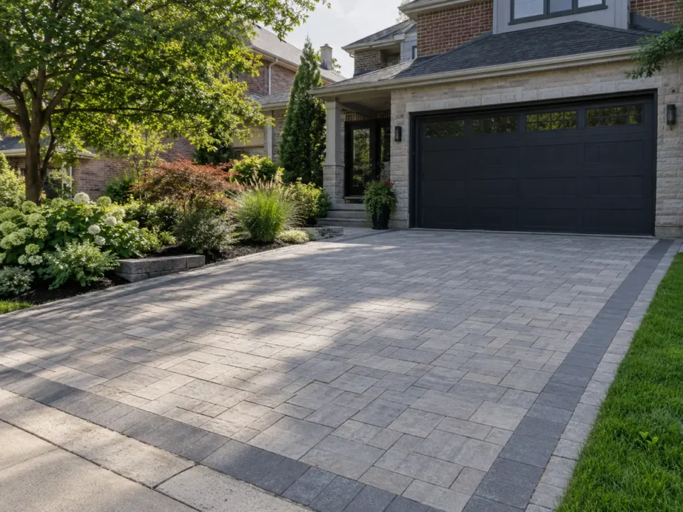 Interlock driveway with a contrasting border and soft-landscaped edge