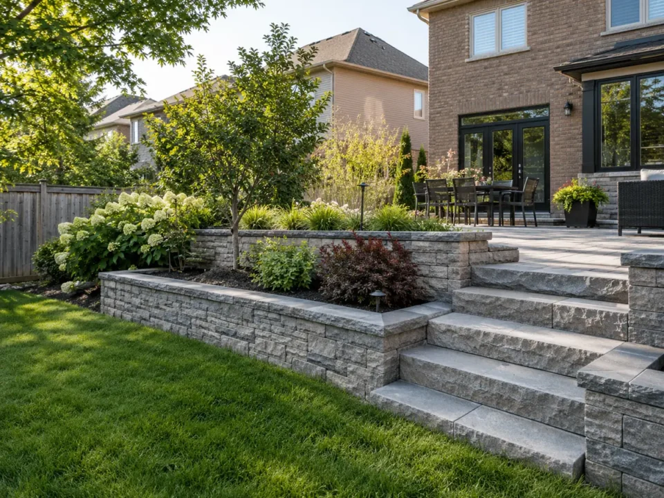 Tiered retaining wall with integrated landscape steps