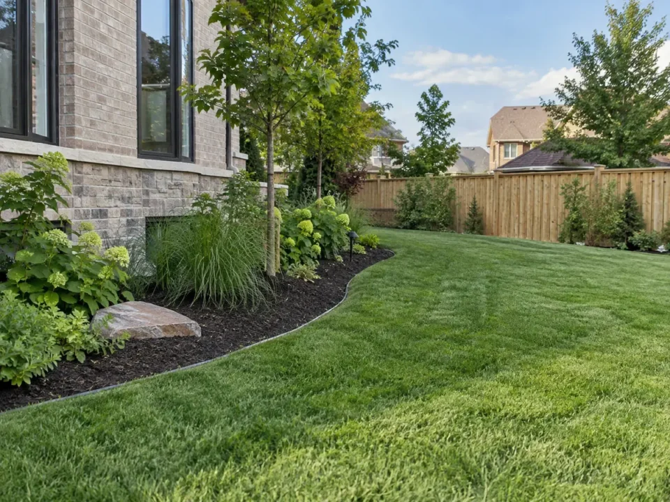 New lawn meeting a planted bed with young trees