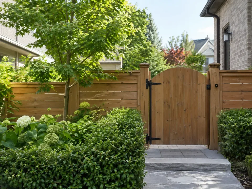 Wood fence, gate and hedge creating layered privacy