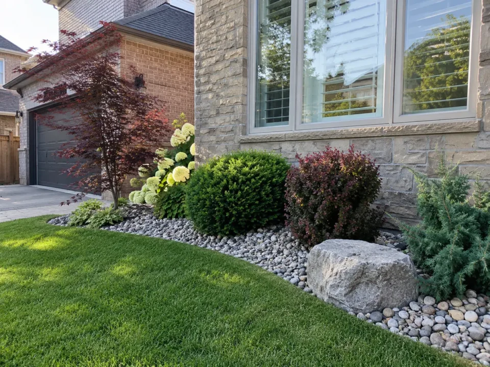 Low-maintenance shrub bed with decorative stone