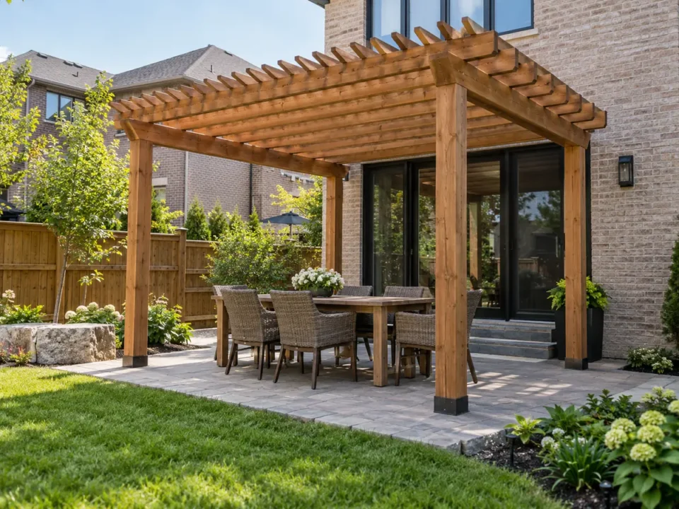 Pergola above an outdoor dining area