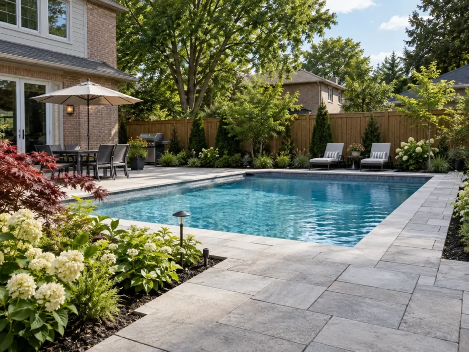 Pool surround with safe circulation and planted border
