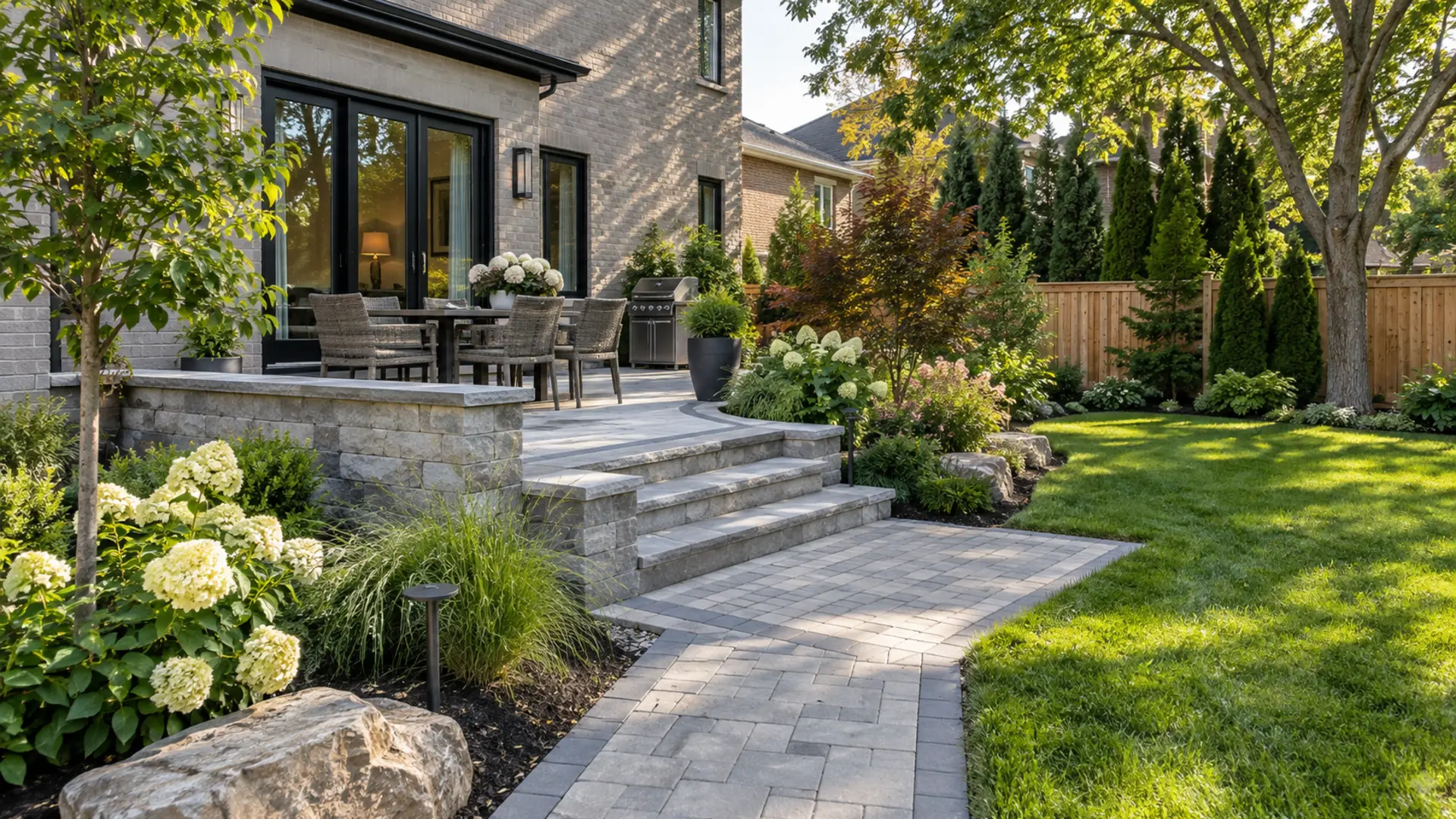 Material and planting details in a finished landscape in a Mississauga property setting