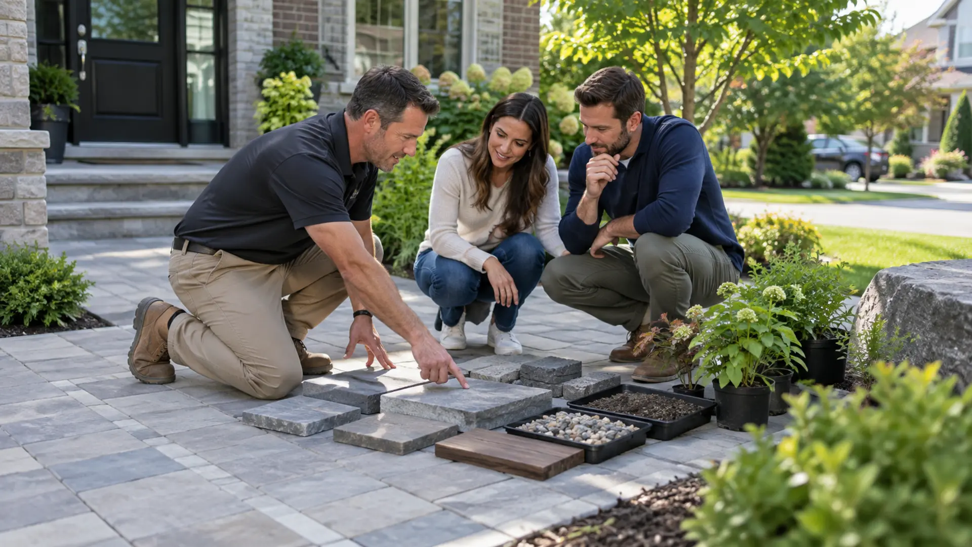 Landscape materials arranged for comparison in a Mississauga property setting