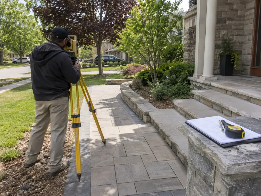 Property condition related to property survey and measuring tools beside a yard