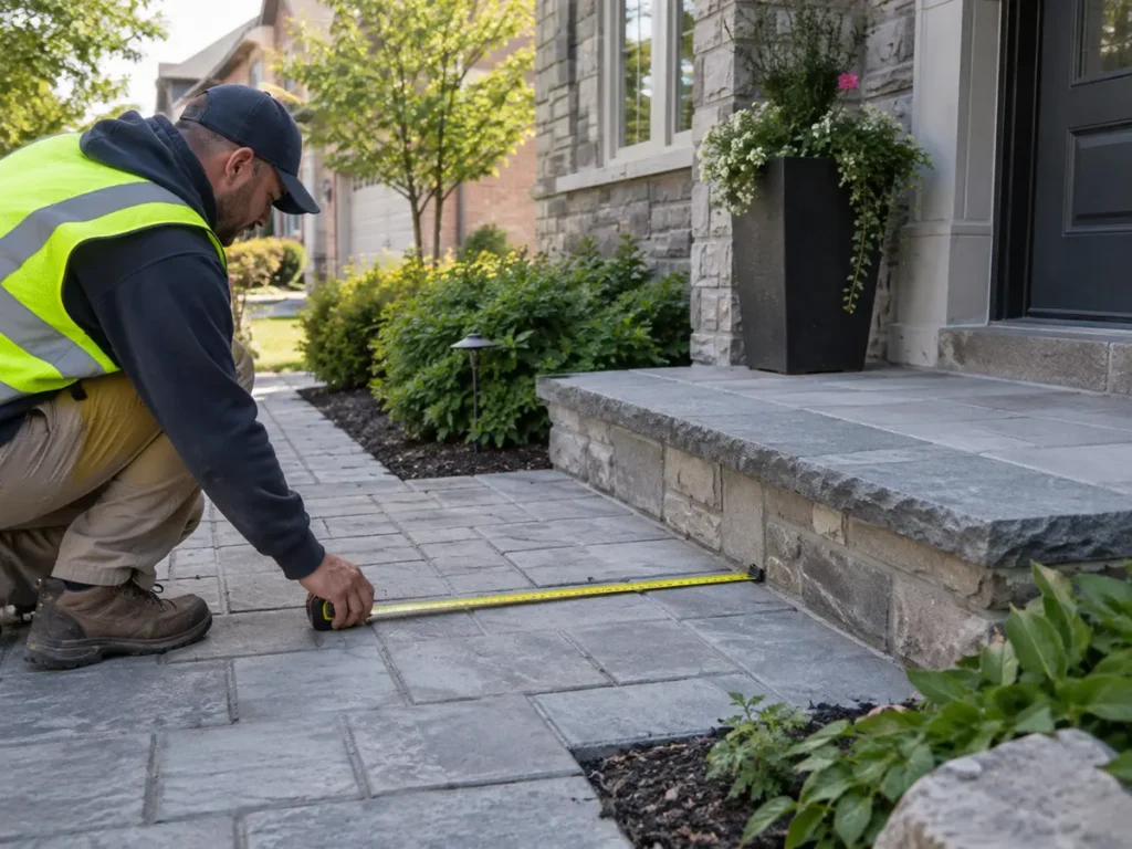Construction or material detail for property survey and measuring tools beside a yard