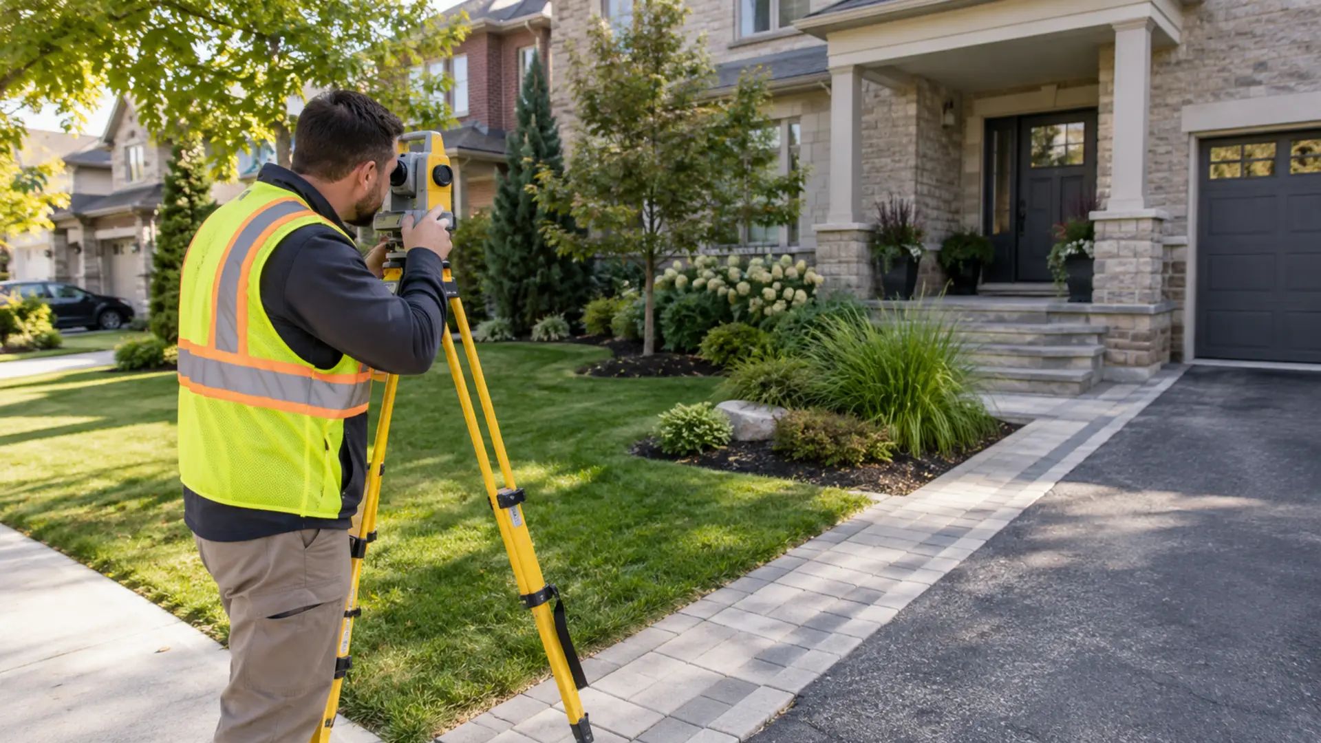 Property survey and measuring tools beside a yard in a Mississauga property setting