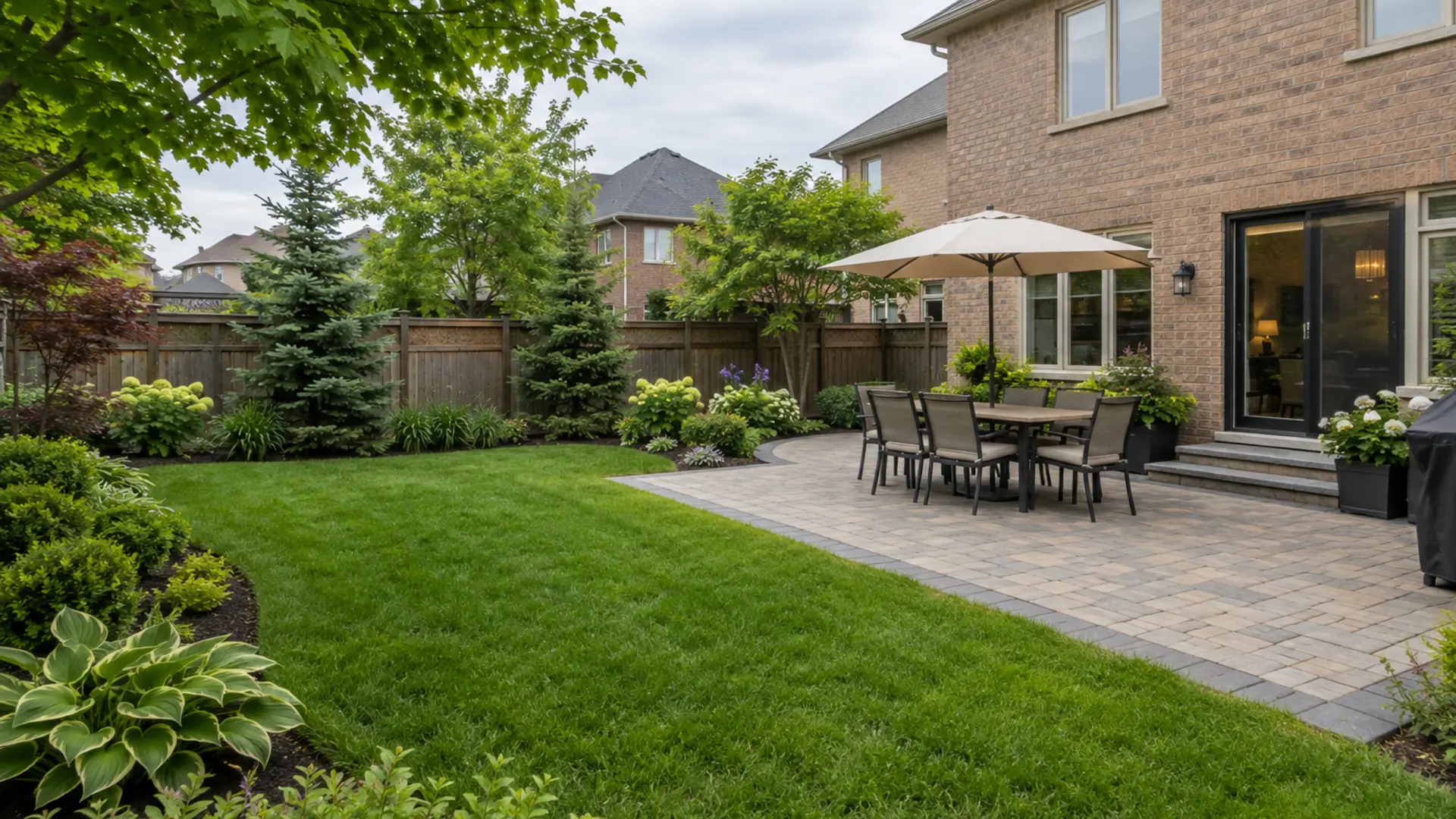 Landscaped backyard with patio, lawn and garden beds