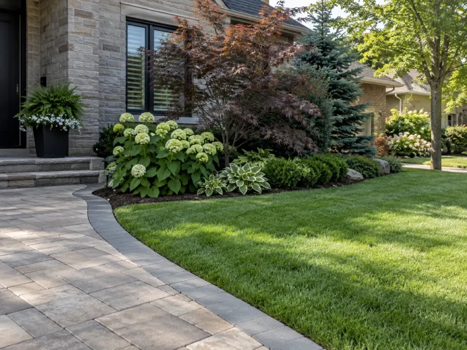 Detail representing paver edge meeting lawn and a planted bed