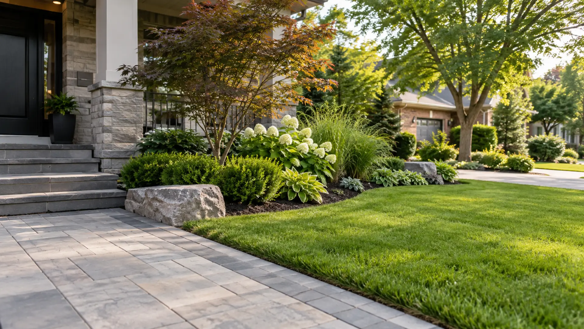 Paver edge meeting lawn and a planted bed in a Mississauga property setting